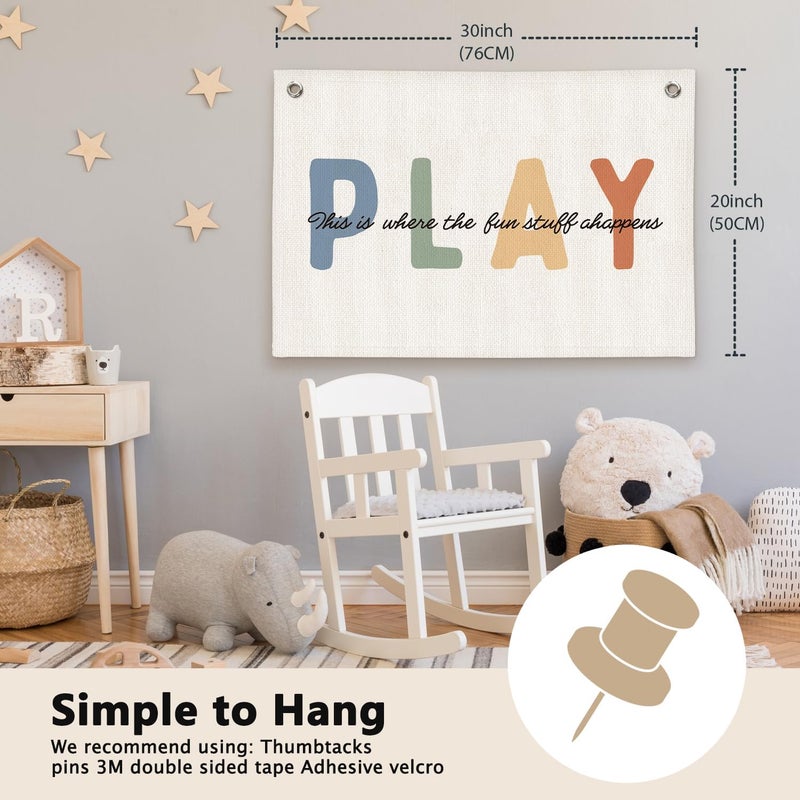 ETVISO Boho Neutral Play Kids Room Decor - Linen Banner Wall Hanging Canvas Banner Flag Decor for Kids Nursery Toddler Playroom Bedroom - Image 2